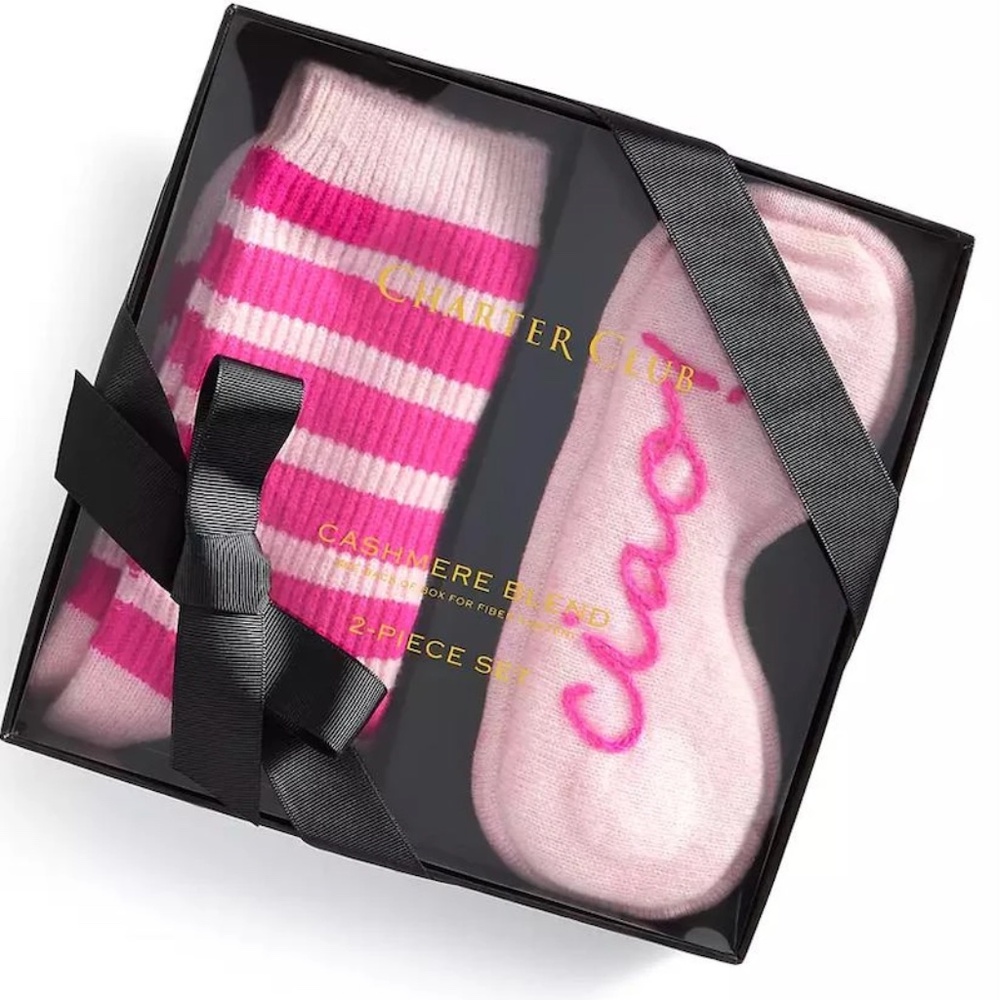 Charter Club Cashmere Blend "Ciao" Sleep Mask + Socks Boxed Gift Set Pink